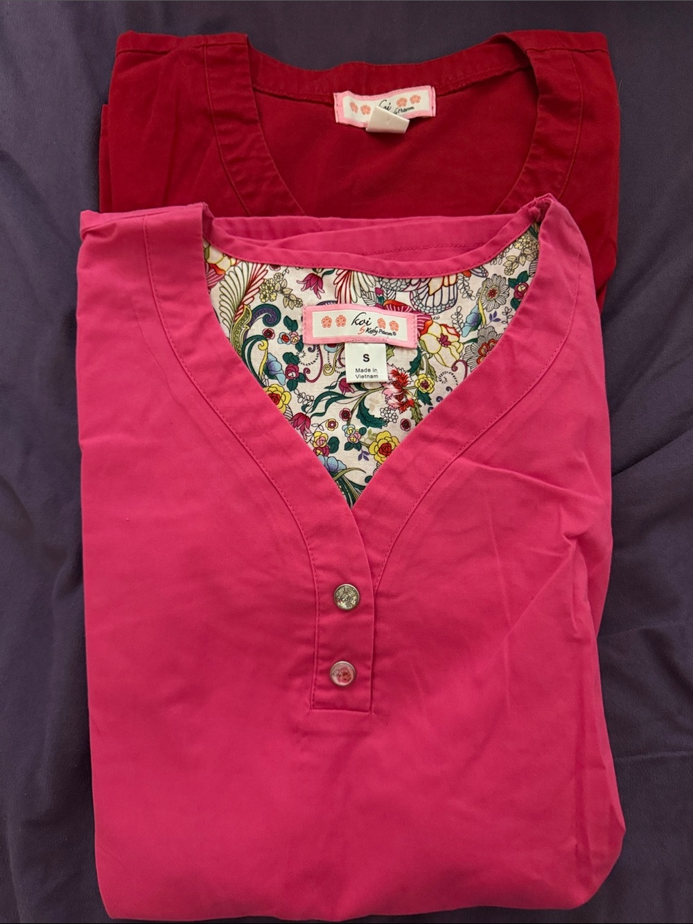 koi Floral-Trim Pink Scrub Top/ red scrub top